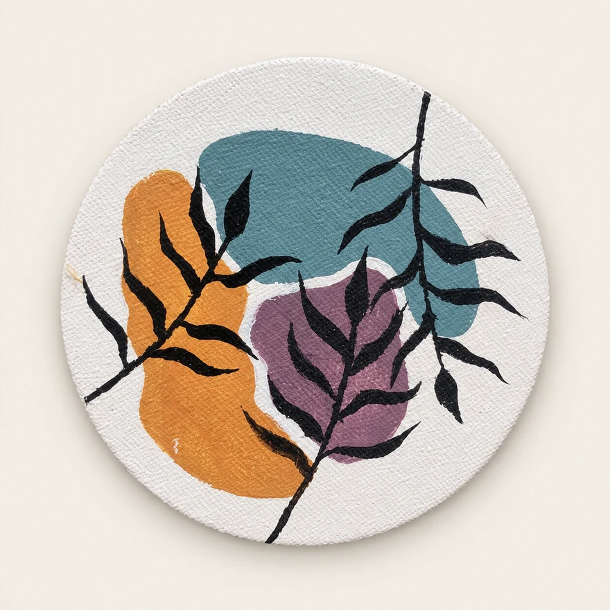 Botanical Colors — a round miniature painting with leafy stems